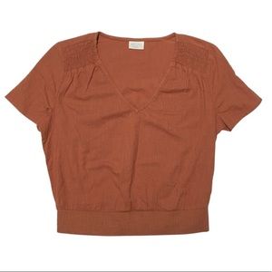 Crop Top, Smocking Detail, Linen Look Cotton, Short Sleeves, V-neck, Orange, NEW